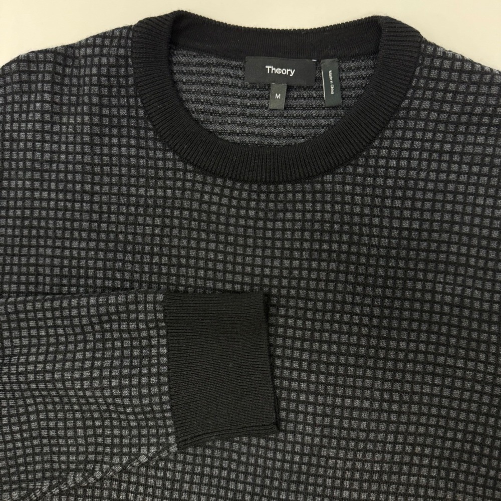 Theory Mens Merino Wool Crewneck Sweater‎ Grey Black Check Medium